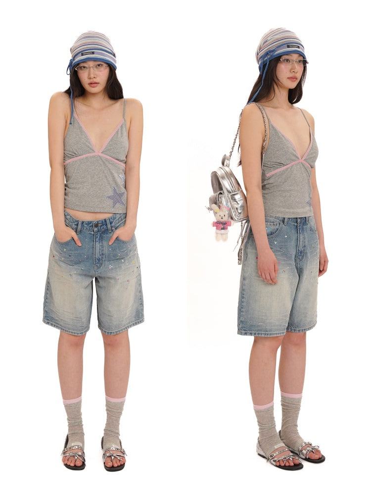 Colorful Bijou Back Ribbon Embroidery Vintage Denim Trousers Short/Long【s0000012734】