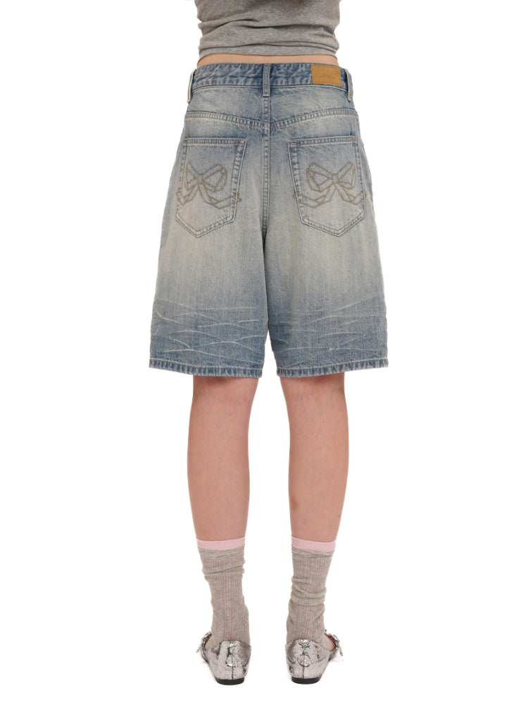 Colorful Bijou Back Ribbon Embroidery Vintage Denim Trousers Short/Long【s0000012734】