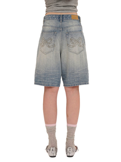 Colorful Bijou Back Ribbon Embroidery Vintage Denim Trousers Short/Long【s0000012734】