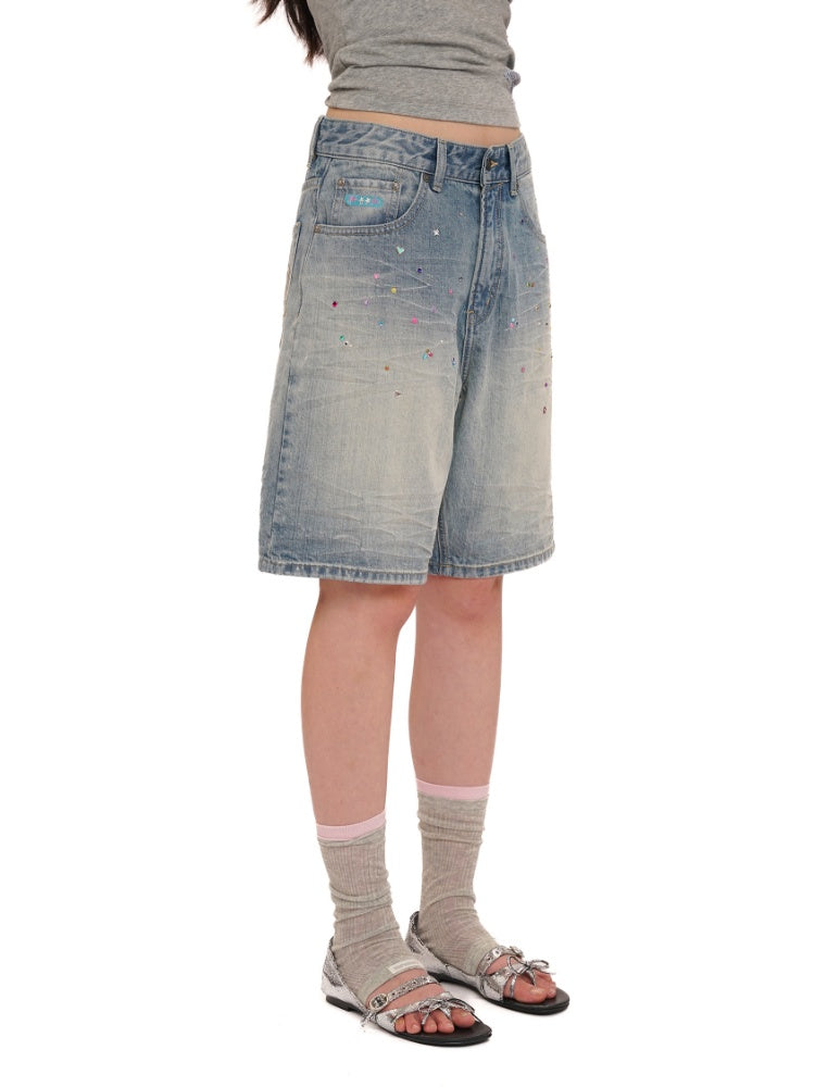 Colorful Bijou Back Ribbon Embroidery Vintage Denim Trousers Short/Long【s0000012734】