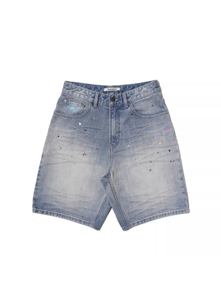 Colorful Bijou Back Ribbon Embroidery Vintage Denim Trousers Short/Long【s0000012734】