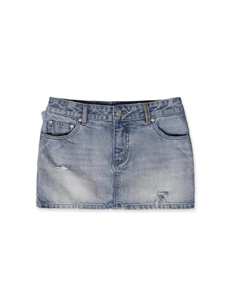 Vintage Back Ruffles Worn-Out Frayed Wide Denim Mini Skirt【s0000012735】