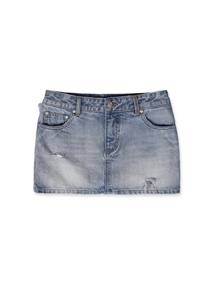 Vintage Back Ruffles Worn-Out Frayed Wide Denim Mini Skirt【s0000012735】