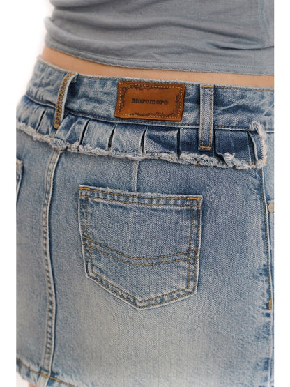 Vintage Back Ruffles Worn-Out Frayed Wide Denim Mini Skirt【s0000012735】