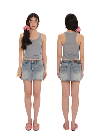 Vintage Back Ruffles Worn-Out Frayed Wide Denim Mini Skirt【s0000012735】