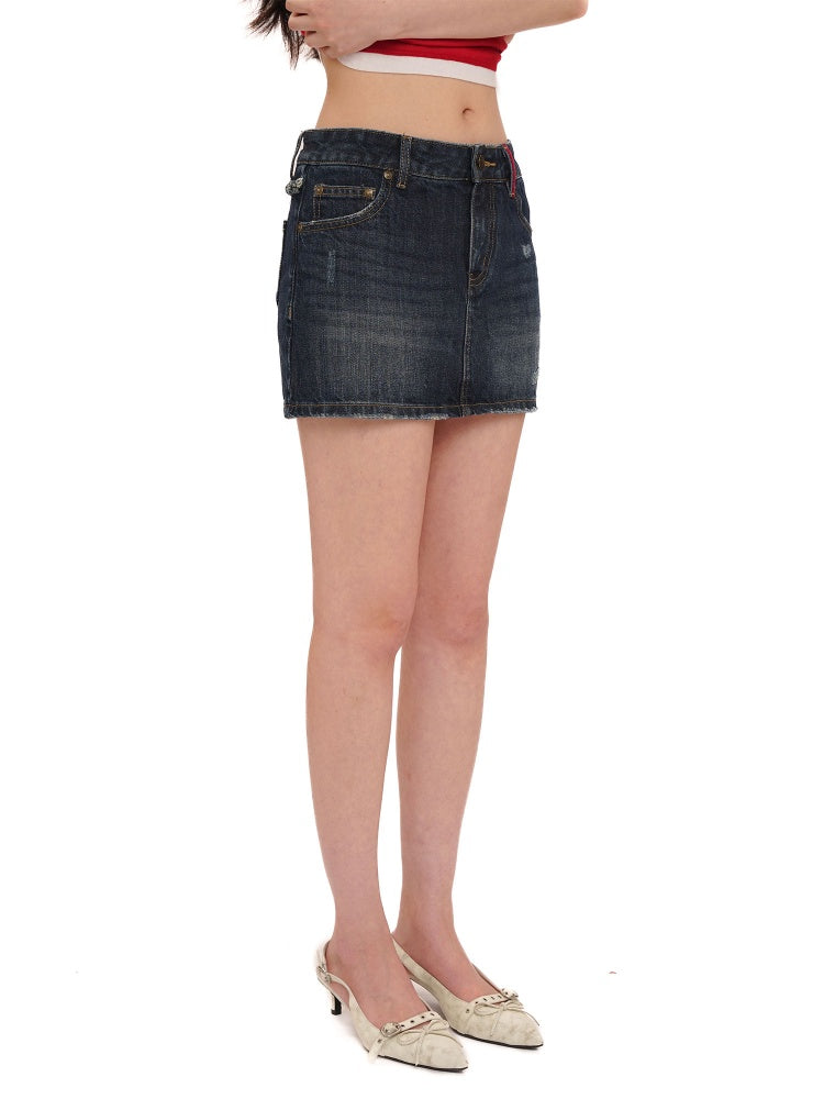 Vintage Back Ruffles Worn-Out Frayed Wide Denim Mini Skirt【s0000012735】