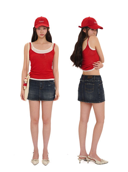 Vintage Back Ruffles Worn-Out Frayed Wide Denim Mini Skirt【s0000012735】