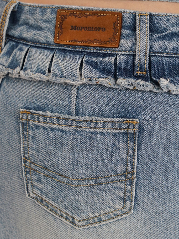 Vintage Back Ruffles Worn-Out Frayed Wide Denim Mini Skirt【s0000012735】