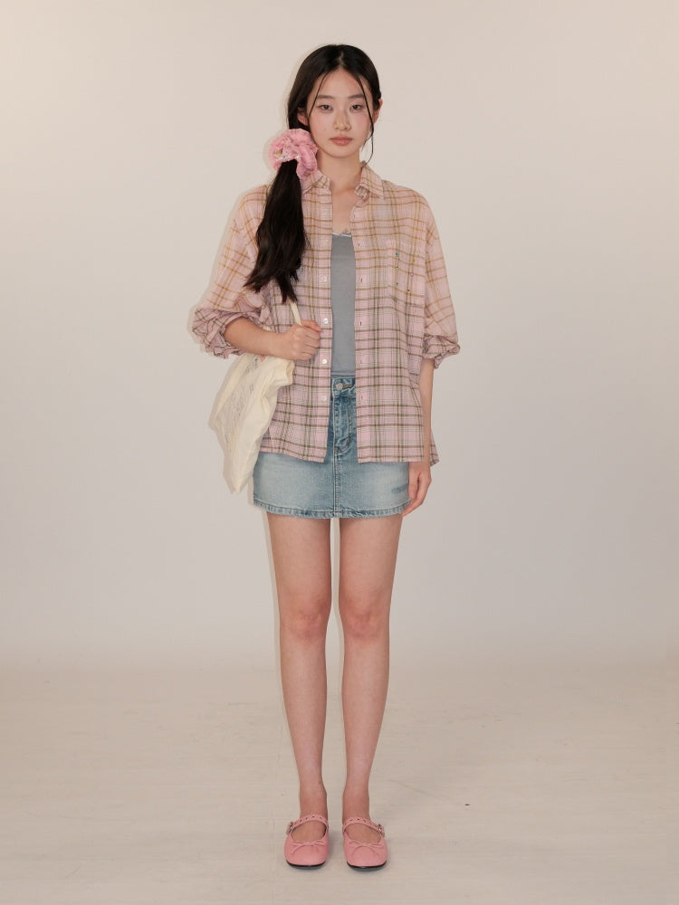 Vintage Back Ruffles Worn-Out Frayed Wide Denim Mini Skirt【s0000012735】