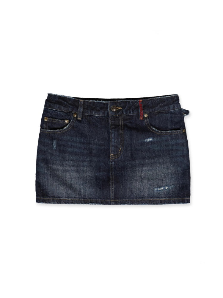 Vintage Back Ruffles Worn-Out Frayed Wide Denim Mini Skirt【s0000012735】