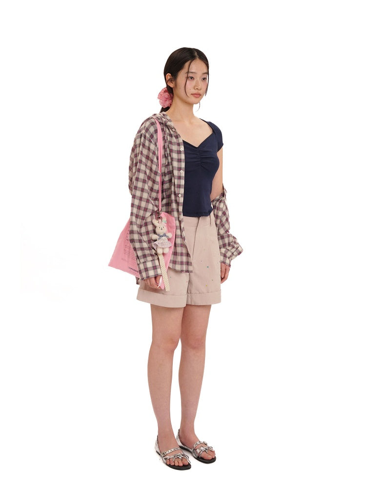 Colourful bijou Double Pressed Pleats Diagonal Slip Pockets Wide Loose Shorts【s0000012736】