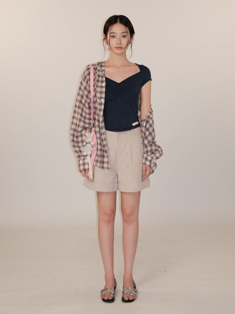 Colourful bijou Double Pressed Pleats Diagonal Slip Pockets Wide Loose Shorts【s0000012736】