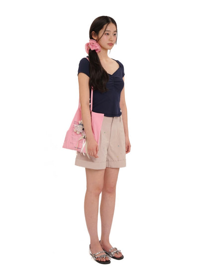 Colourful bijou Double Pressed Pleats Diagonal Slip Pockets Wide Loose Shorts【s0000012736】