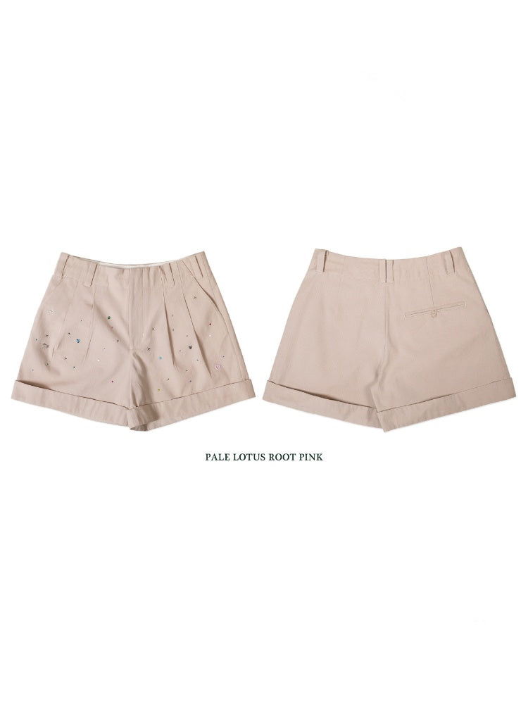 Colourful bijou Double Pressed Pleats Diagonal Slip Pockets Wide Loose Shorts【s0000012736】