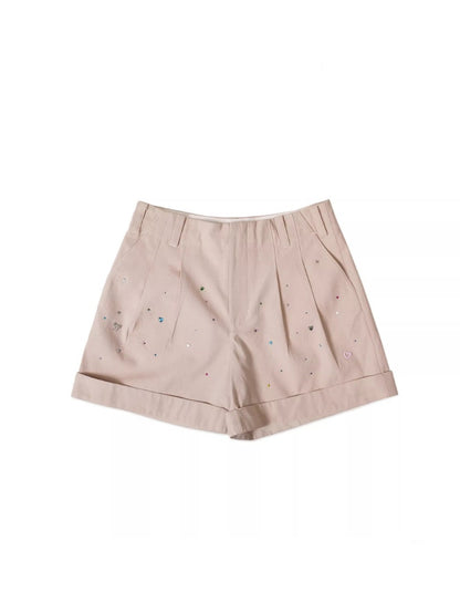 Colourful bijou Double Pressed Pleats Diagonal Slip Pockets Wide Loose Shorts【s0000012736】