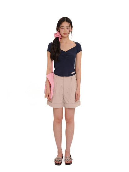 Colourful bijou Double Pressed Pleats Diagonal Slip Pockets Wide Loose Shorts【s0000012736】