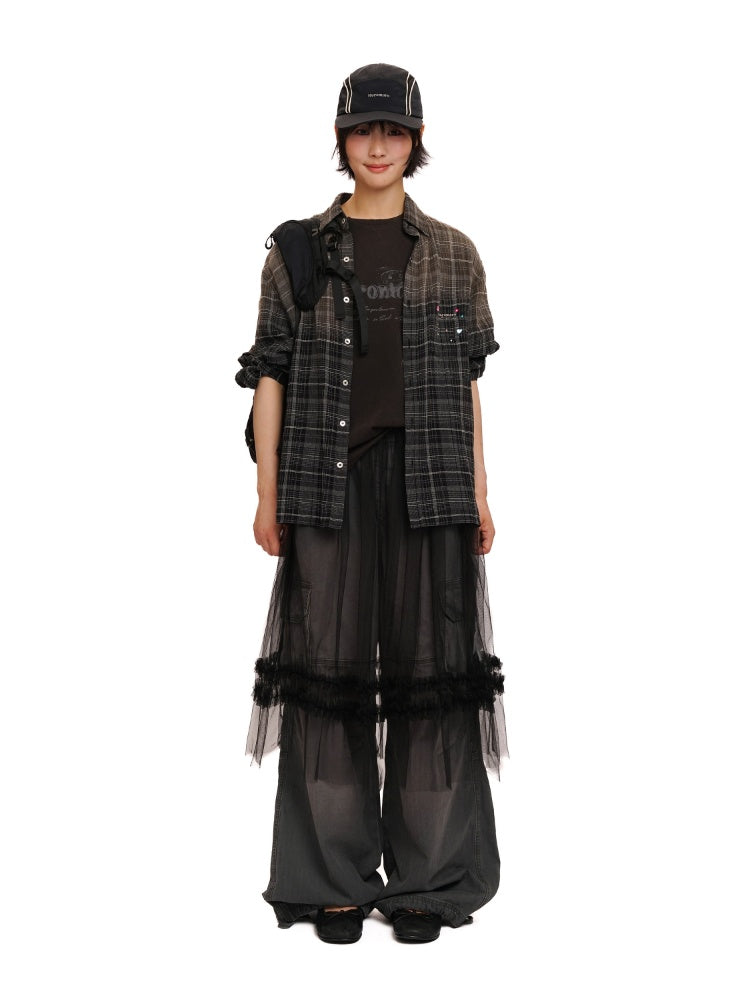 Colorful Bijou Sheer Check Pattern Vintage Gradient Loose Shirt【s0000012737】