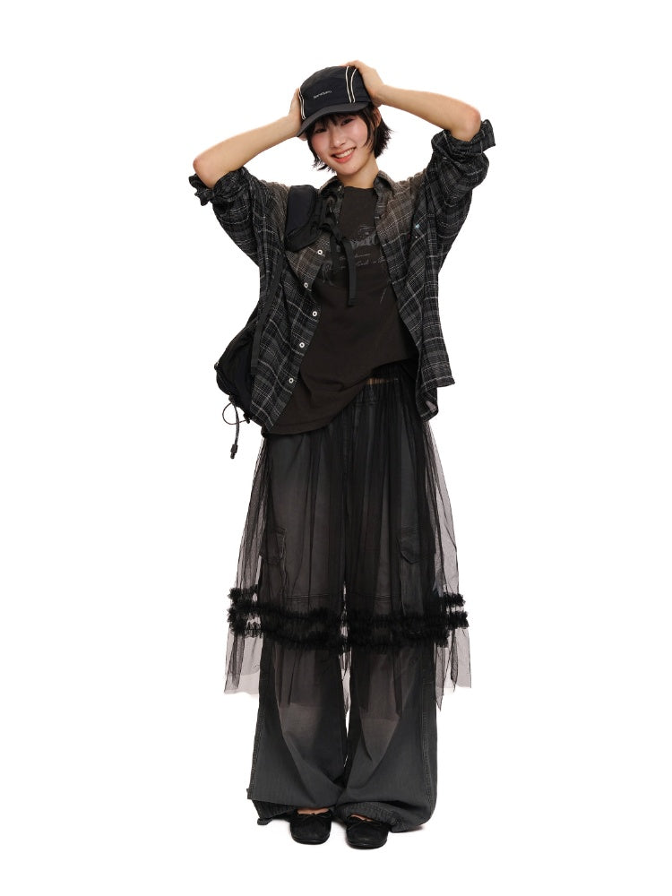 Colorful Bijou Sheer Check Pattern Vintage Gradient Loose Shirt【s0000012737】