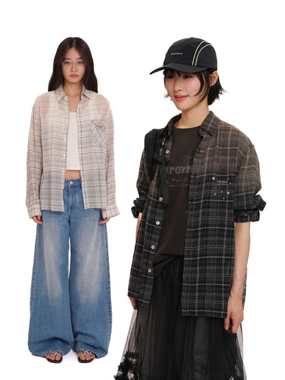 Colorful Bijou Sheer Check Pattern Vintage Gradient Loose Shirt【s0000012737】