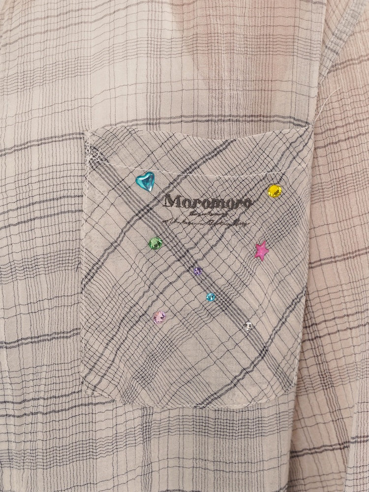 Colorful Bijou Sheer Check Pattern Vintage Gradient Loose Shirt【s0000012737】