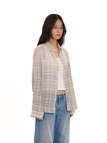 Colorful Bijou Sheer Check Pattern Vintage Gradient Loose Shirt【s0000012737】