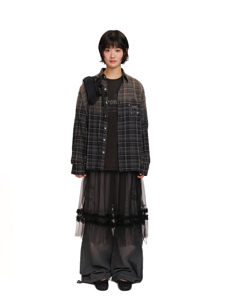 Colorful Bijou Sheer Check Pattern Vintage Gradient Loose Shirt【s0000012737】