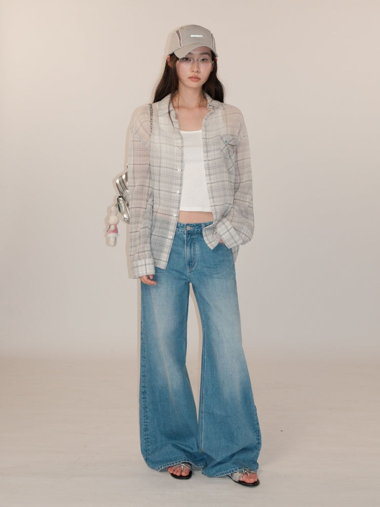 Colorful Bijou Sheer Check Pattern Vintage Gradient Loose Shirt【s0000012737】