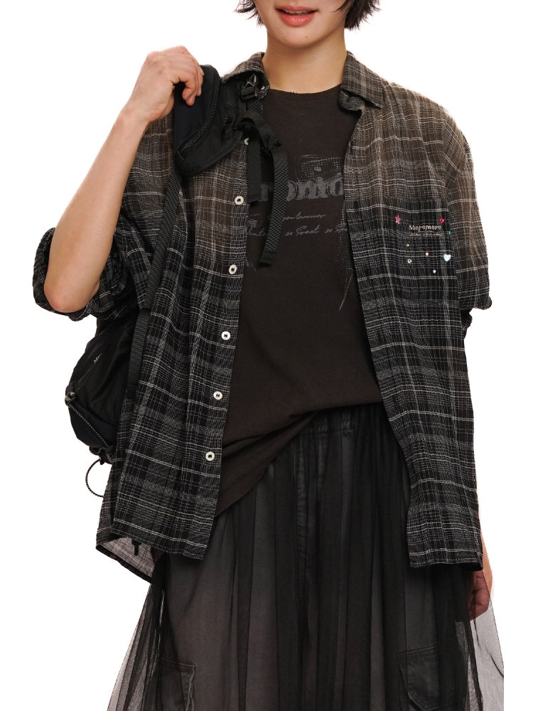 Colorful Bijou Sheer Check Pattern Vintage Gradient Loose Shirt【s0000012737】