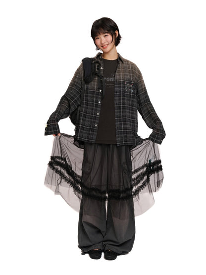Colorful Bijou Sheer Check Pattern Vintage Gradient Loose Shirt【s0000012737】