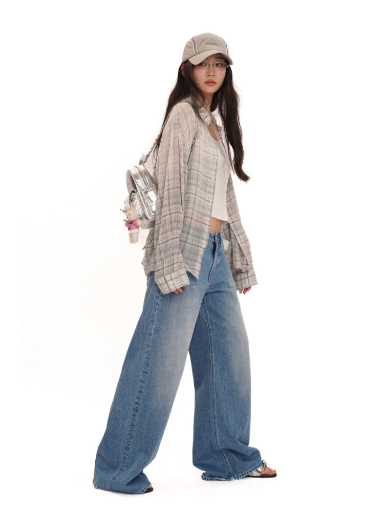 Colorful Bijou Sheer Check Pattern Vintage Gradient Loose Shirt【s0000012737】