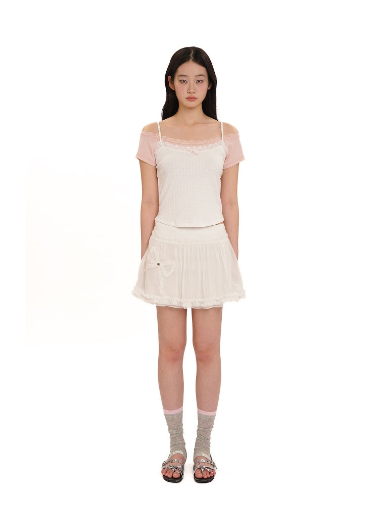 Summer Lace Ribbon Hem Light Weight Mini Skirt【s0000012739】