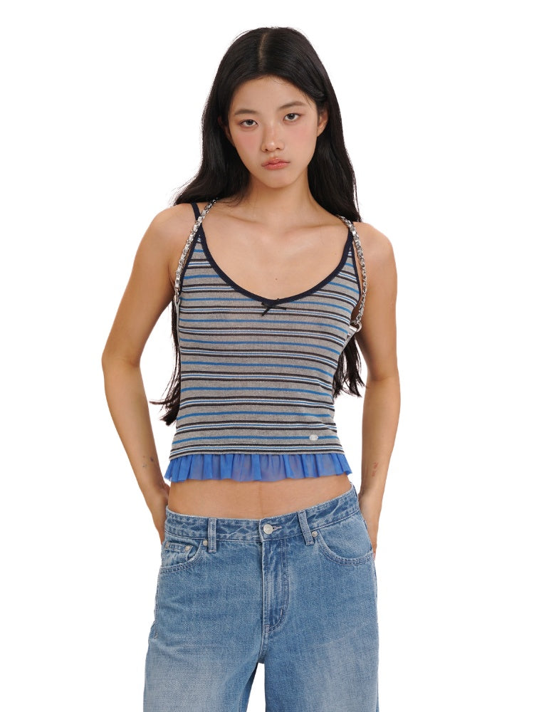 Contrast Stripe Mesh Ruffle Hem Camisole【s0000012743】