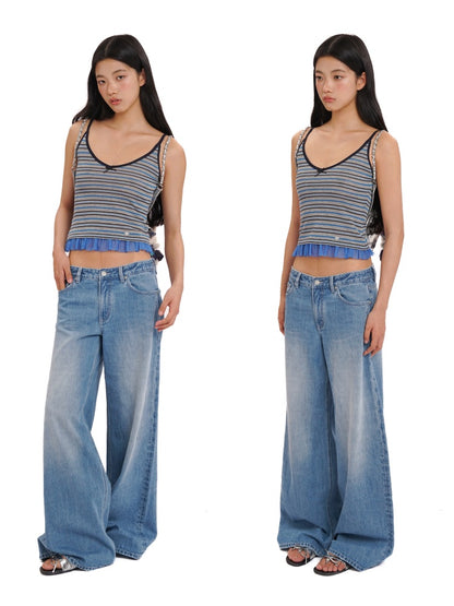 Contrast Stripe Mesh Ruffle Hem Camisole【s0000012743】