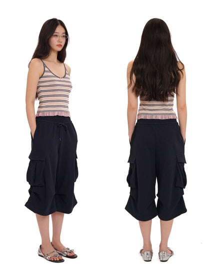 Contrast Stripe Mesh Ruffle Hem Camisole【s0000012743】