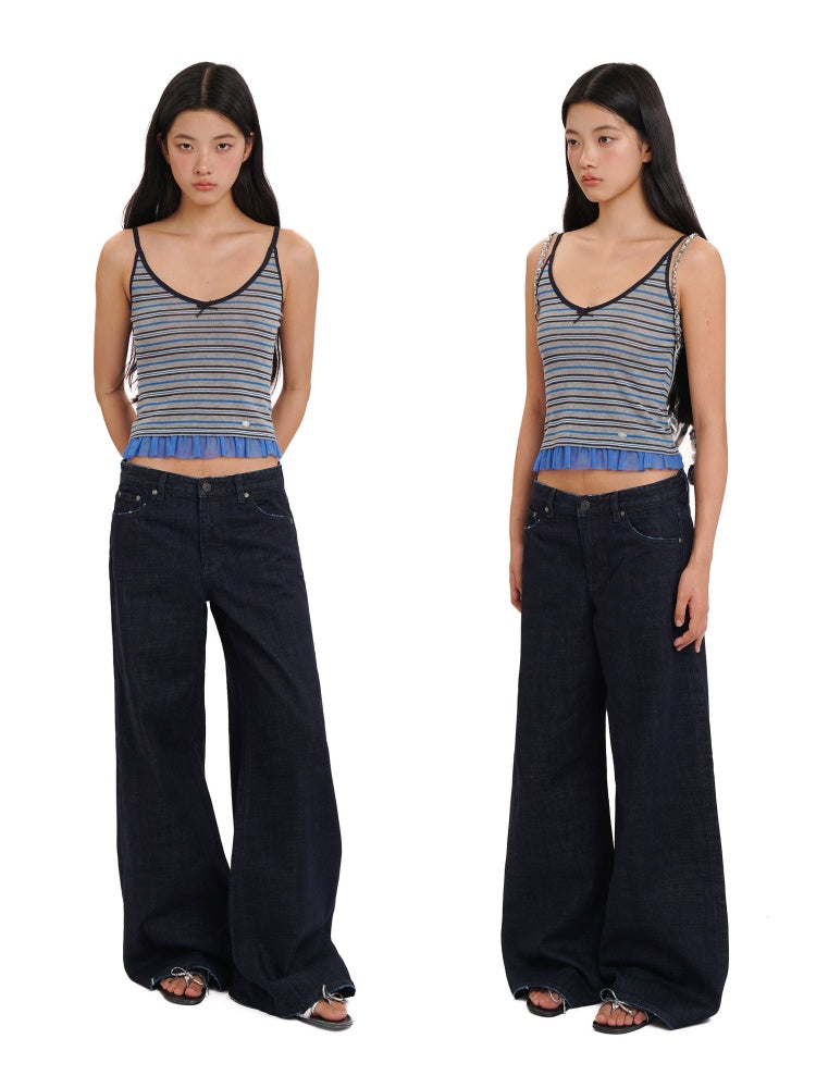 Contrast Stripe Mesh Ruffle Hem Camisole【s0000012743】