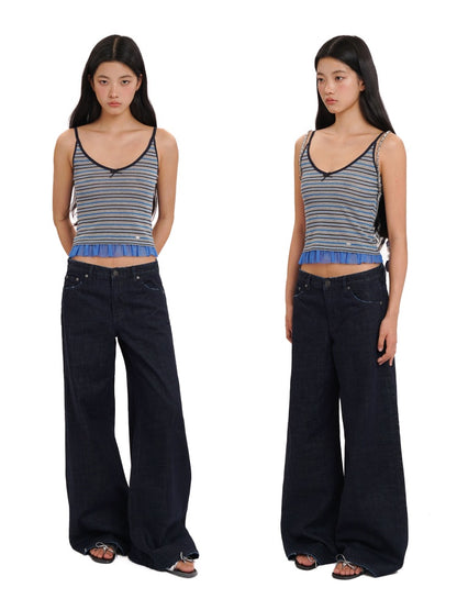 Contrast Stripe Mesh Ruffle Hem Camisole【s0000012743】
