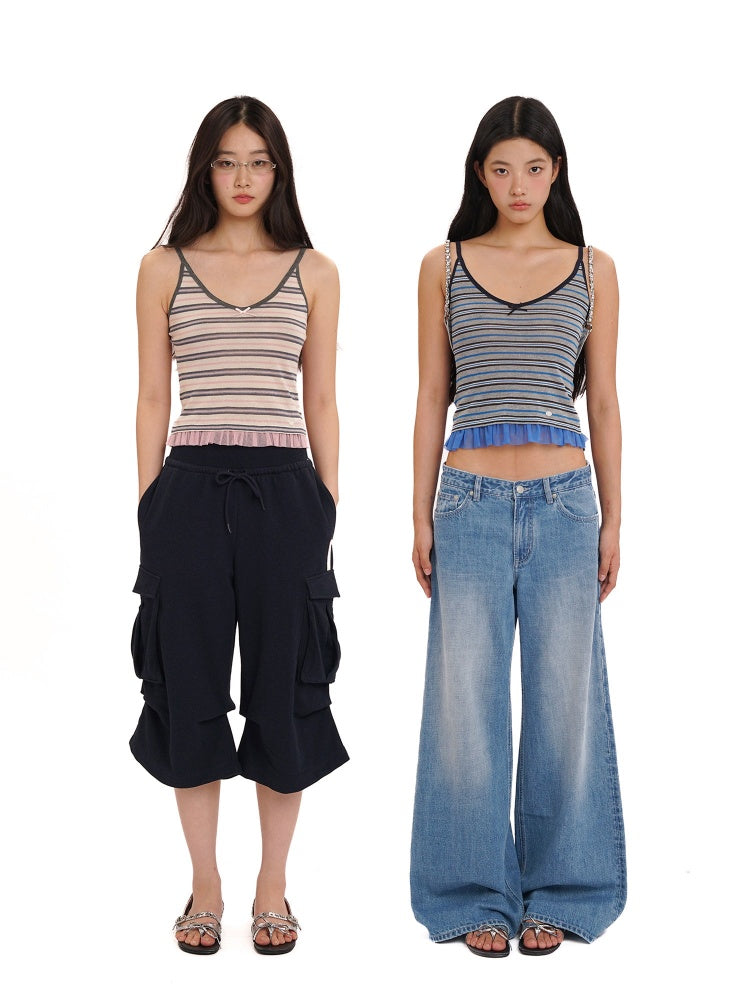 Contrast Stripe Mesh Ruffle Hem Camisole【s0000012743】