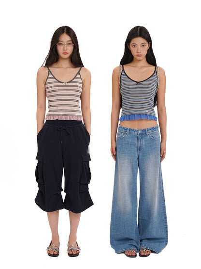 Contrast Stripe Mesh Ruffle Hem Camisole【s0000012743】
