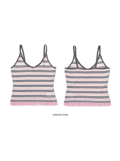 Contrast Stripe Mesh Ruffle Hem Camisole【s0000012743】