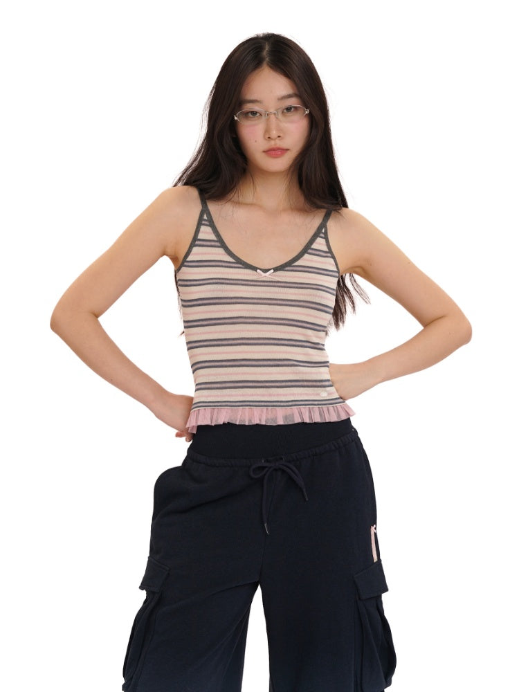 Contrast Stripe Mesh Ruffle Hem Camisole【s0000012743】