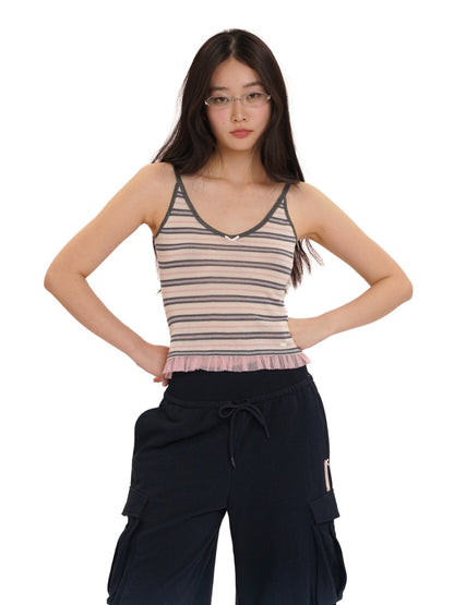 Contrast Stripe Mesh Ruffle Hem Camisole【s0000012743】