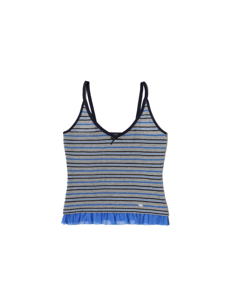 Contrast Stripe Mesh Ruffle Hem Camisole【s0000012743】
