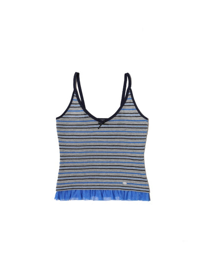 Contrast Stripe Mesh Ruffle Hem Camisole【s0000012743】