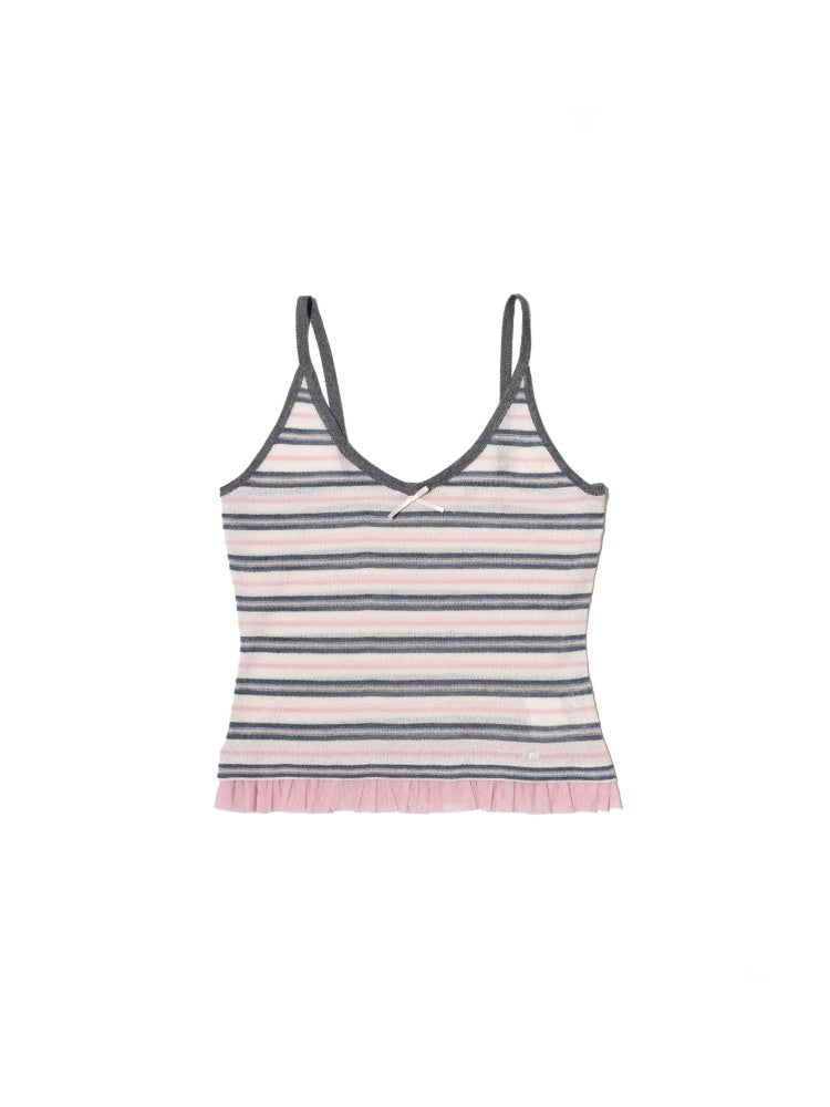 Contrast Stripe Mesh Ruffle Hem Camisole【s0000012743】