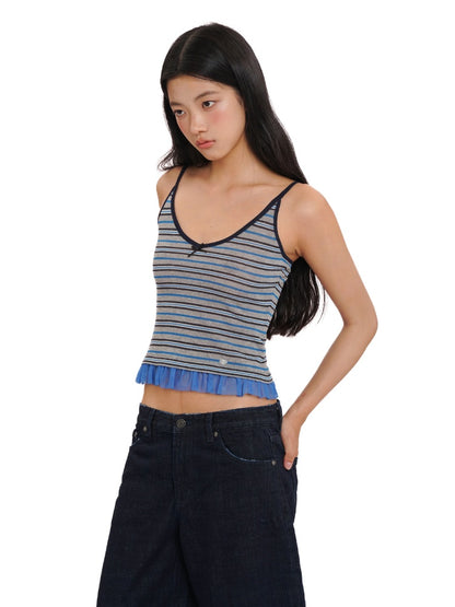 Contrast Stripe Mesh Ruffle Hem Camisole【s0000012743】