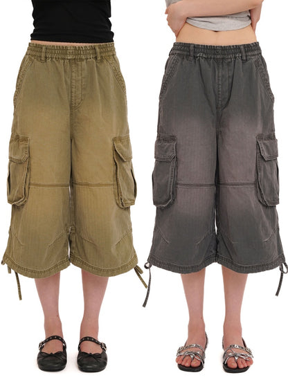 Washed Faded 3D Pocket Cuffs Adjustable Cargo Cropped Pants【s0000012744】