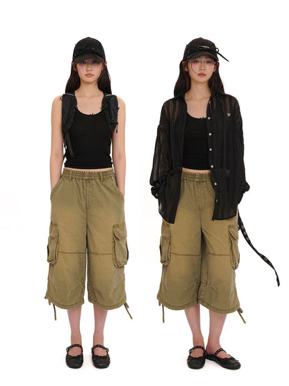 Washed Faded 3D Pocket Cuffs Adjustable Cargo Cropped Pants【s0000012744】