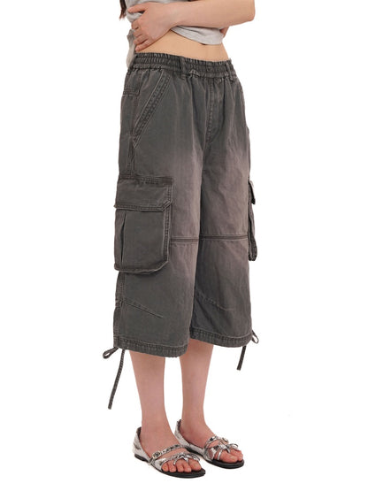 Washed Faded 3D Pocket Cuffs Adjustable Cargo Cropped Pants【s0000012744】
