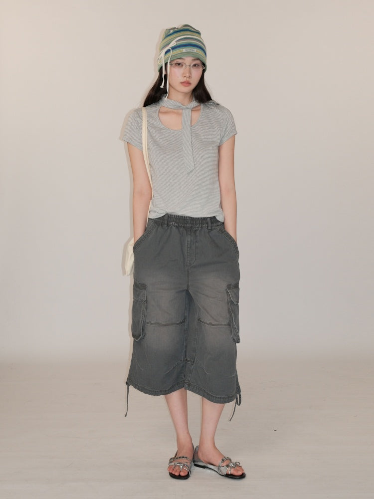 Washed Faded 3D Pocket Cuffs Adjustable Cargo Cropped Pants【s0000012744】