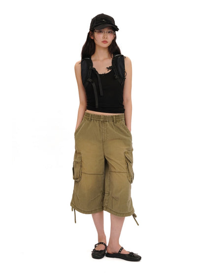 Washed Faded 3D Pocket Cuffs Adjustable Cargo Cropped Pants【s0000012744】